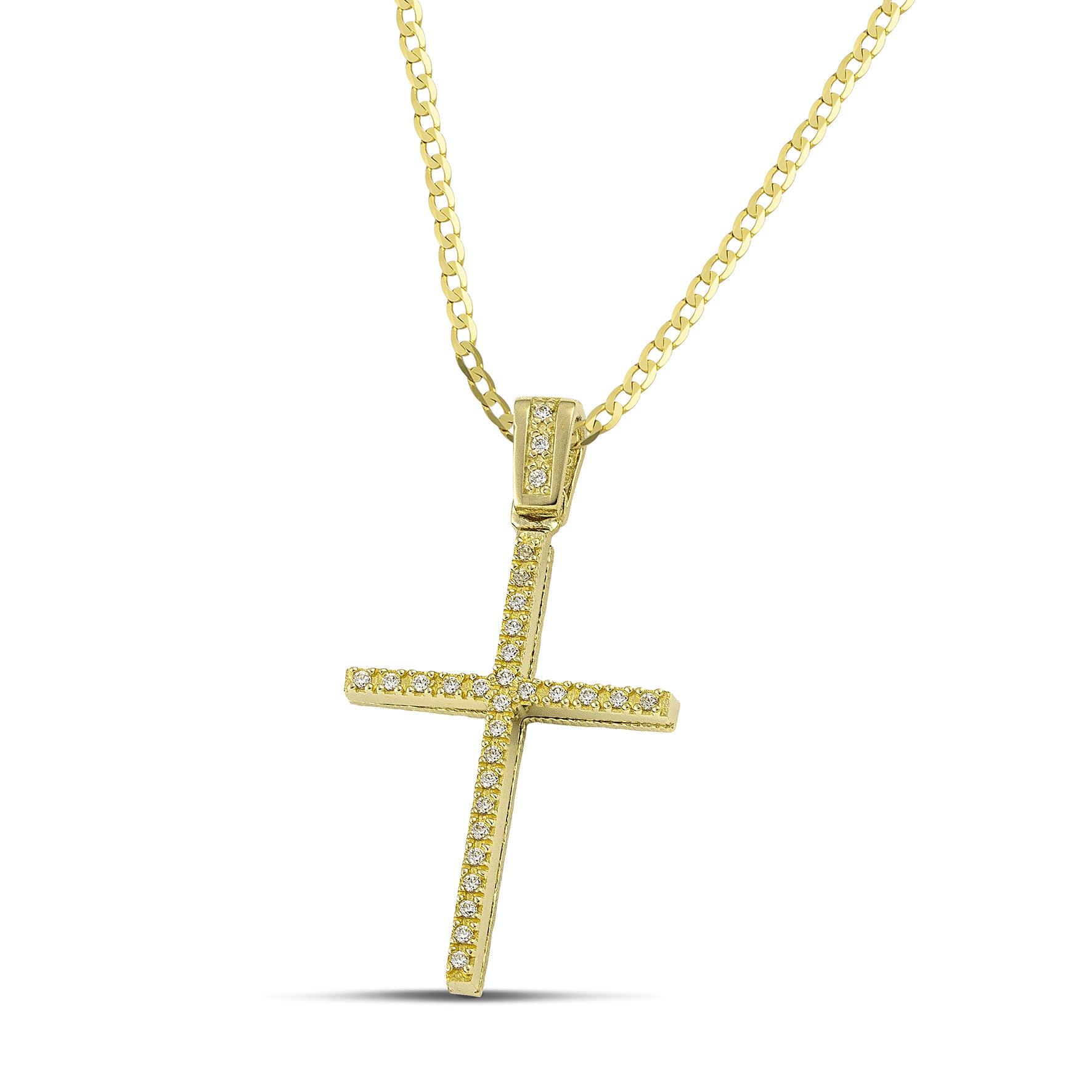 Γυναικείος χρυσός σταυρός για βάπτιση με ζιργκόν, με πλακέ χρυσή αλυσίδα.