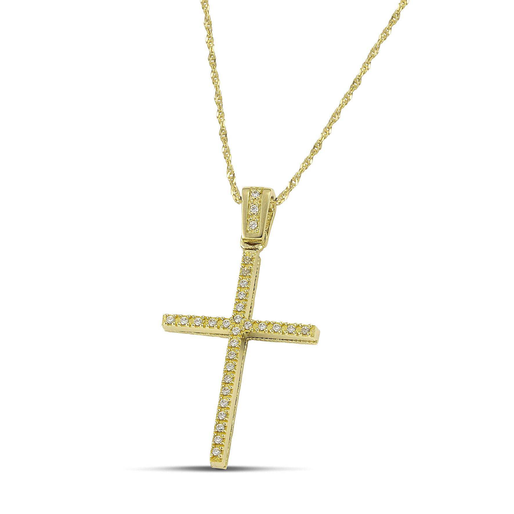 Γυναικείος χρυσός σταυρός για βάπτιση με ζιργκόν, με στριφτή χρυσή αλυσίδα.