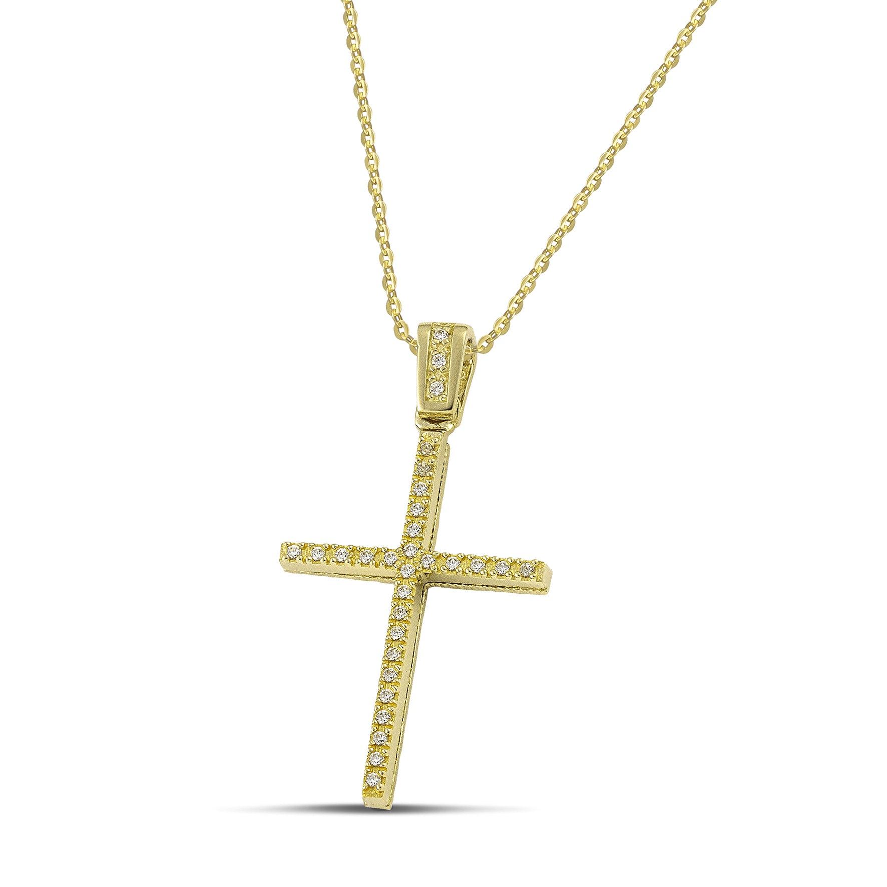 Γυναικείος χρυσός σταυρός για βάπτιση με ζιργκόν, με κλασσική χρυσή αλυσίδα.
