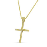 Γυναικείος χρυσός σταυρός για βάπτιση με ζιργκόν, με πλεκτή χρυσή αλυσίδα.