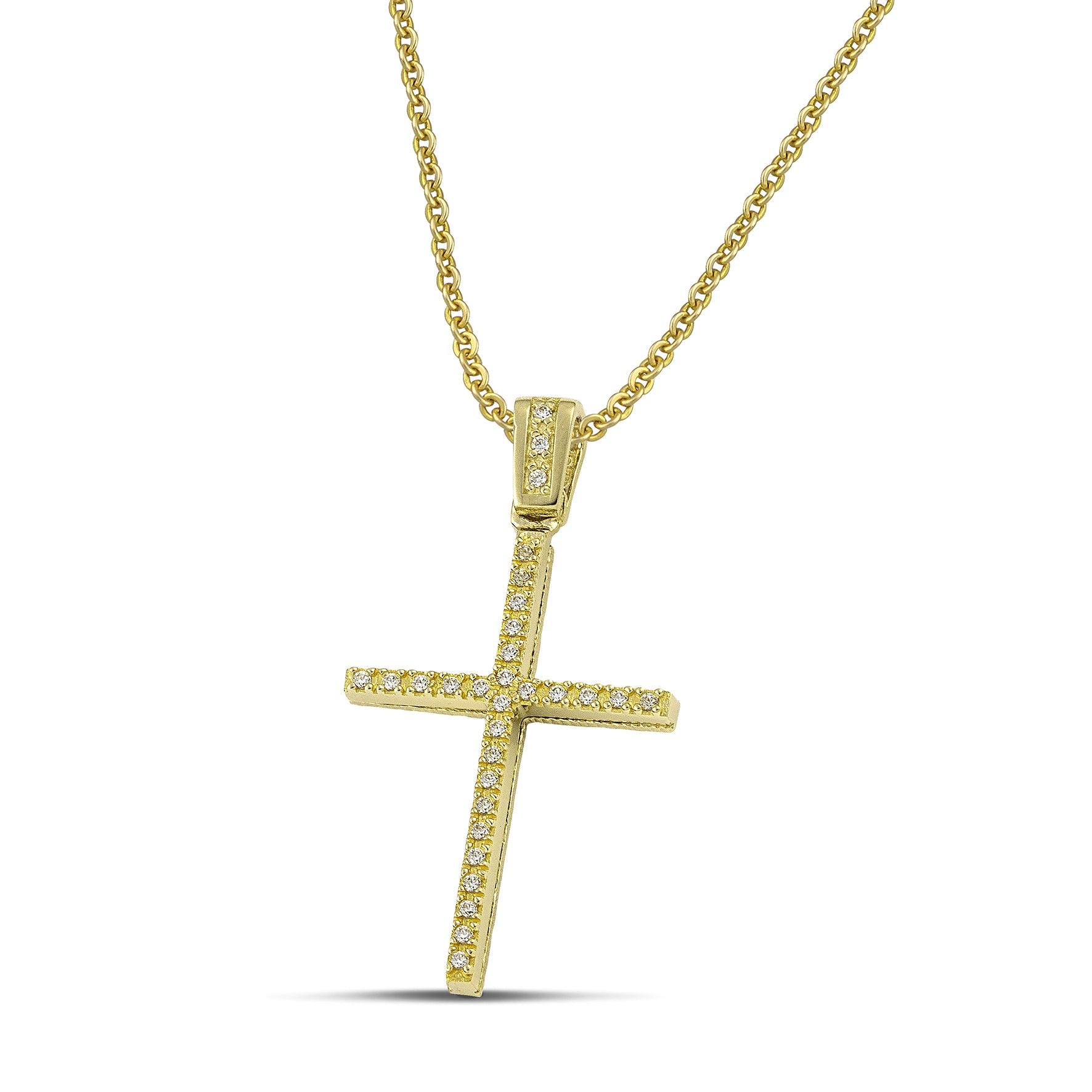 Γυναικείος χρυσός σταυρός για βάπτιση με ζιργκόν, με χρυσή αλυσίδα κρίκο κρίκο.