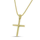 Γυναικείος χρυσός σταυρός για βάπτιση με ζιργκόν, με χρυσή αλυσίδα κρίκο κρίκο.