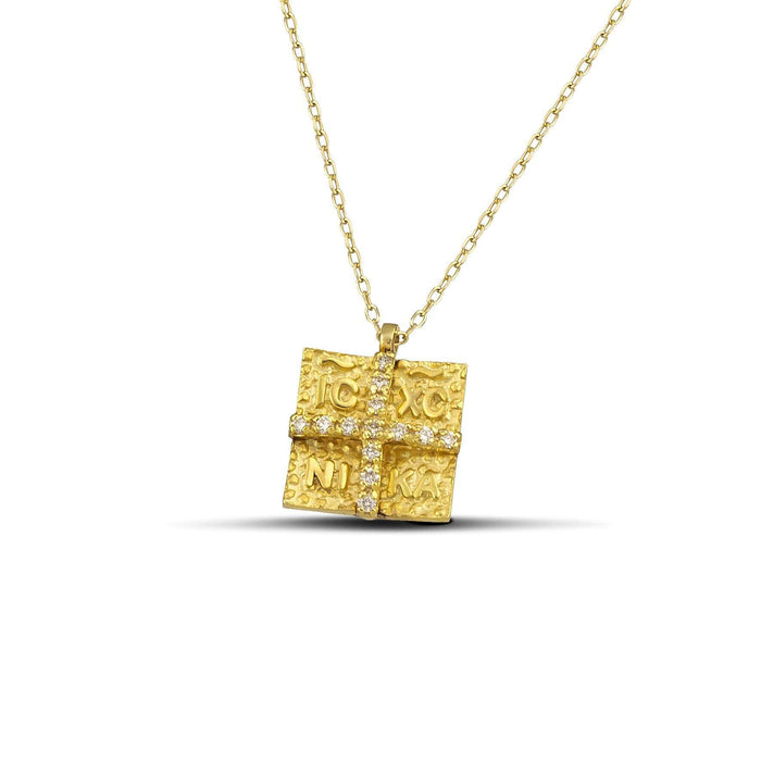 Κολιέ κωνσταντινάτο με σταυρό χρυσό Κ14 τετράγωνο με διαμάντι - themelidisjewels