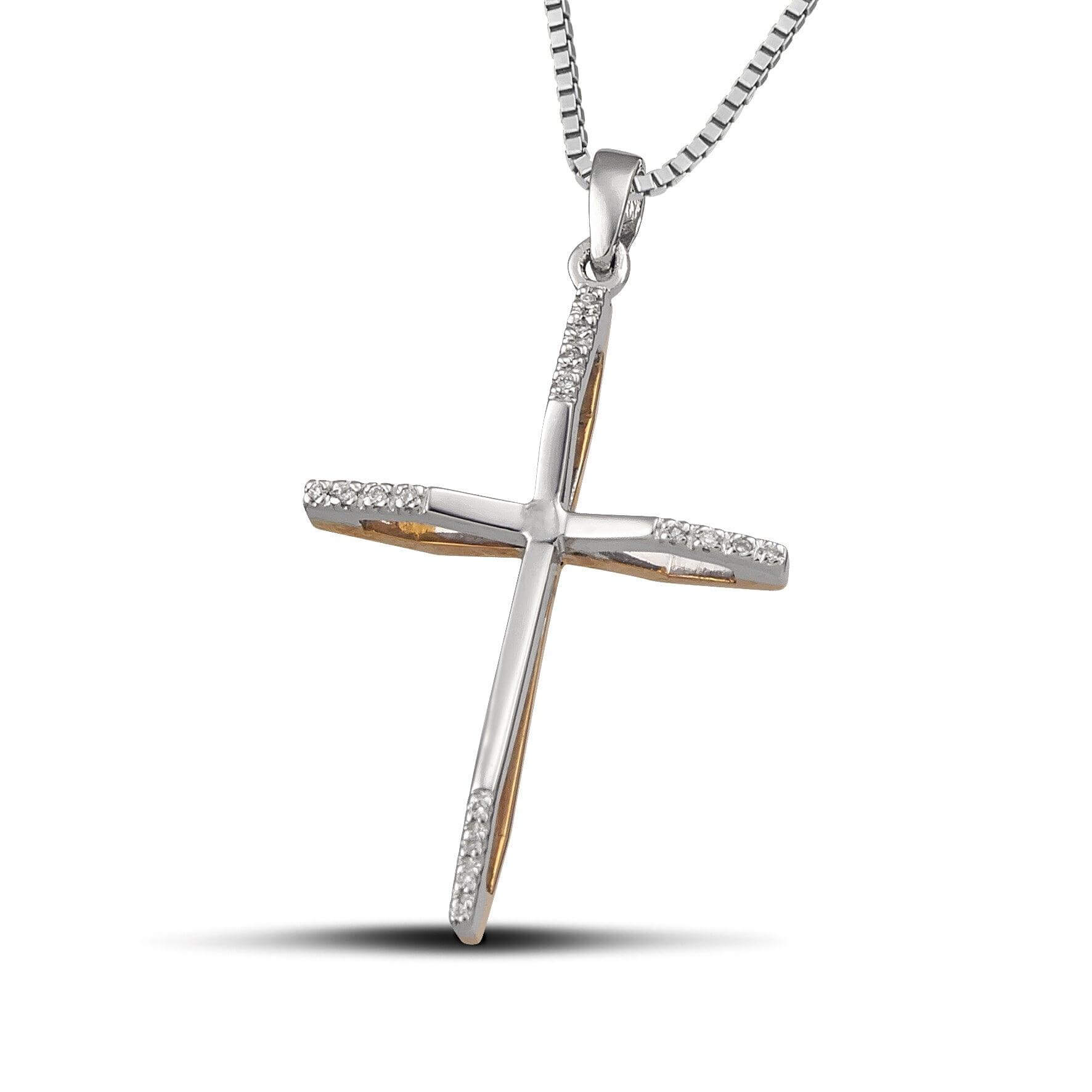 Γυναικείος σταυρός διπλής όψης από λευκόχρυσο και ροζ χρυσό Κ18 με διαμάντια, με αλυσίδα.