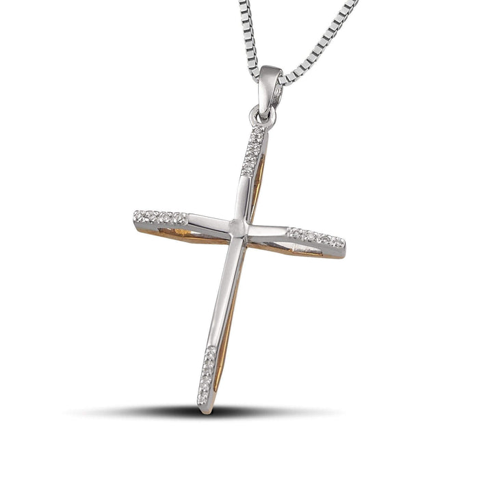Γυναικείος σταυρός διπλής όψης από λευκόχρυσο και ροζ χρυσό Κ18 με διαμάντια, με αλυσίδα.