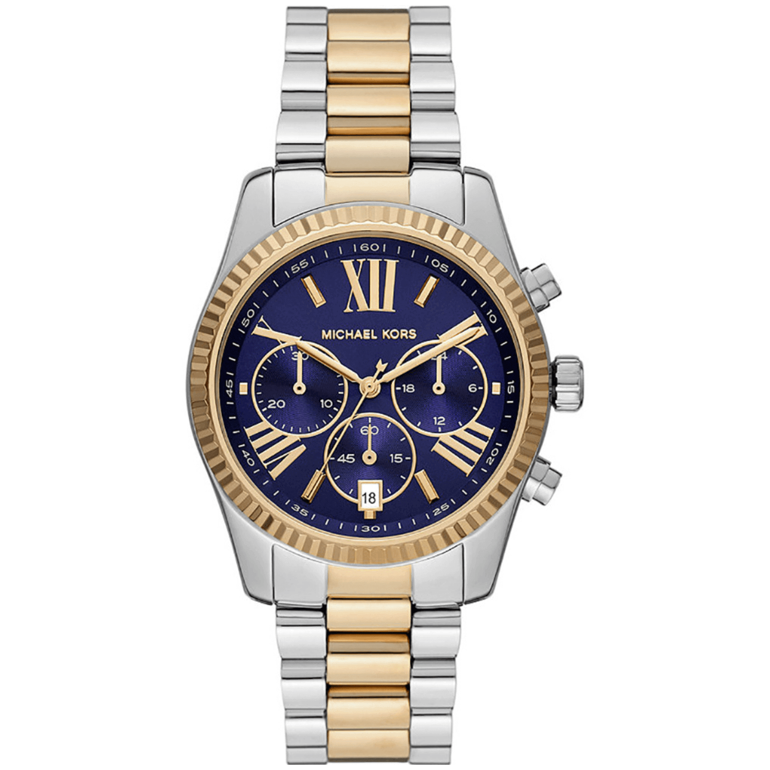 Ρολόι Michael Kors MK7218 με ασημένιο και χρυσό μπρασελέ από ανοξείδωτο ατσάλι και μπλε καντράν. Αδιάβροχο 10 ατμόσφαιρες.