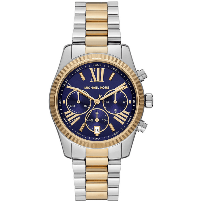 Ρολόι Michael Kors MK7218 με ασημένιο και χρυσό μπρασελέ από ανοξείδωτο ατσάλι και μπλε καντράν. Αδιάβροχο 10 ατμόσφαιρες.