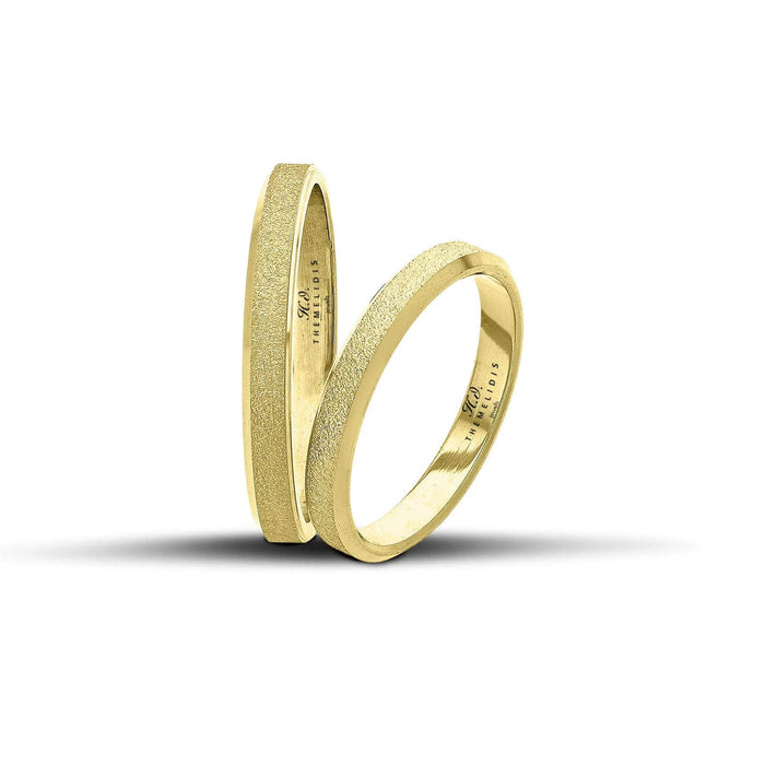 Μοντέρνες χρυσές βέρες γάμου 3mm με ματ και λουστρέ φινίρισμα, χειροποίητης κατασκευής με ανατομικό σχεδιασμό.