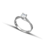 Μονόπετρο δαχτυλίδι φλόγα με διαγώνια πλέξη και πλαϊνές πέτρες, κατασκευασμένο από λευκόχρυσο 14 καρατίων και ζιργκόν