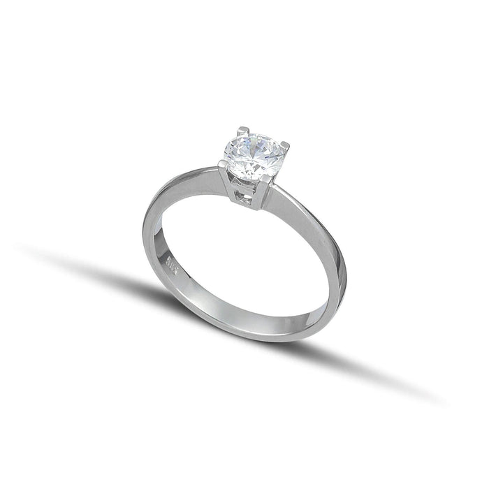 Μονόπετρο δαχτυλίδι OS020 από λευκόχρυσο 14Κ με κεντρικό ζιργκόν και κομψό δέσιμο V.