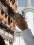 μονόπετρο δαχτυλίδι ροζέτα με κεντρικό διαμάντι σε σχήμα καρδιάς και πλαίνές πέτρες από μικρότερα διαμάντια, κατασκευασμένο από λευκόχρυσο φορεμένο σε γυναικείο χέρι.