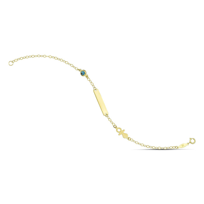 Παιδική ταυτότητα βραχιόλι από χρυσό 9 καρατίων με ματάκι και πιπίλα.