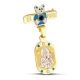 Χρυσή παραμάνα από χρυσό Κ14 με Παναγία, Χριστό και μπλε αρκουδάκι.
