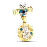 Παιδική παραμάνα από χρυσό Κ14 με Παναγία, Χριστό και μπλε αρκουδάκι.