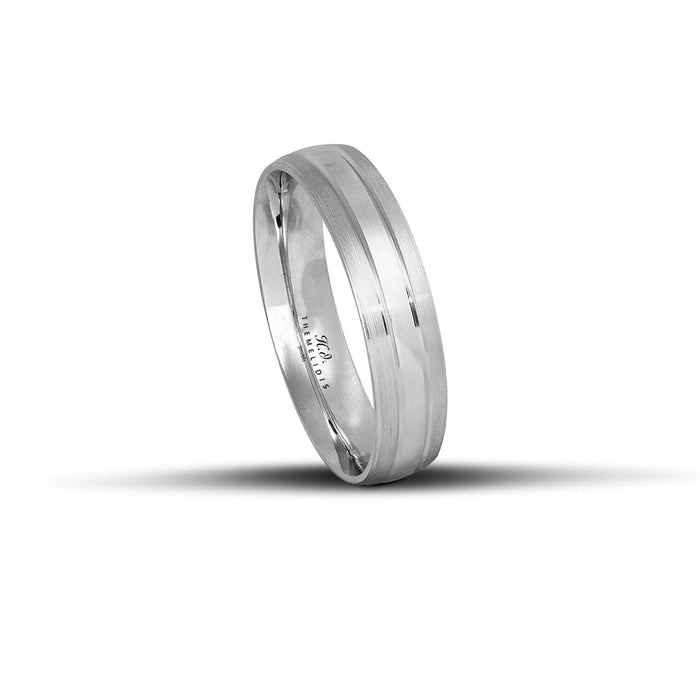 Πρωτότυπες λευκόχρυσες βέρες γάμου 5mm με σαγρέ φινίρισμα και διακριτικές γραμμές — κομψές, χειροποίητες και διαχρονικές.