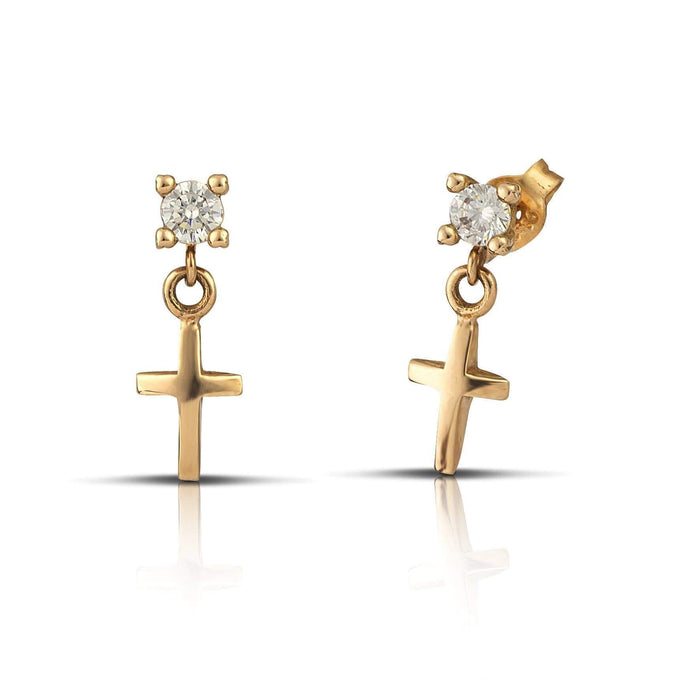 Ροζ χρυσά σκουλαρίκια Κ14 με σταυρό και μονοπετράκι