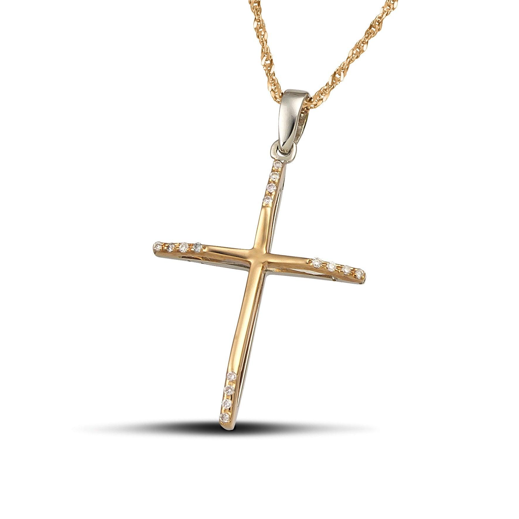 Γυναικείος σταυρός από χρυσό Κ18 με διαμάντια, διπλής όψης λευκόχρυσος και ροζ χρυσός. Διαθέτει στριφτή αλυσίδα.