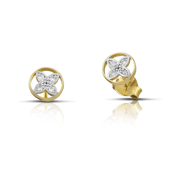 Σκουλαρίκια Κ14 με λουλουδάκι λευκόχρυσο και χρυσό περίγραμμα