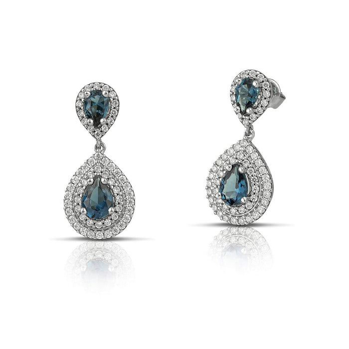 Σκουλαρίκια λευκόχρυσα Κ14 διπλή ροζέτα με μπλε πέτρα EG0603.044