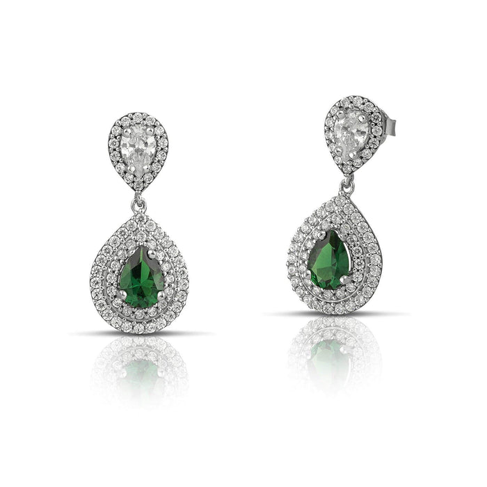 Σκουλαρίκια λευκόχρυσα Κ14 διπλή ροζέτα με πράσινη πέτρα