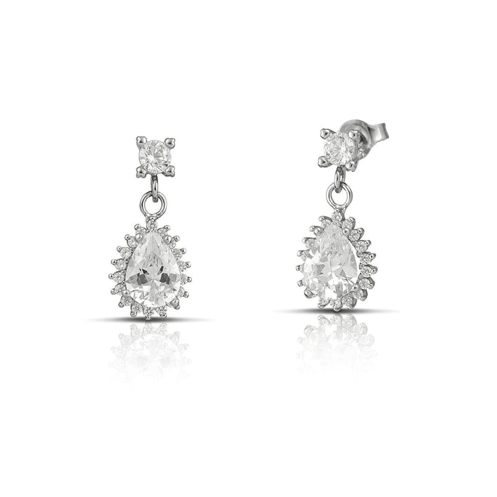 Σκουλαρίκια λευκόχρυσα κρεμαστά Κ14 ροζέτα με μονόπετρο