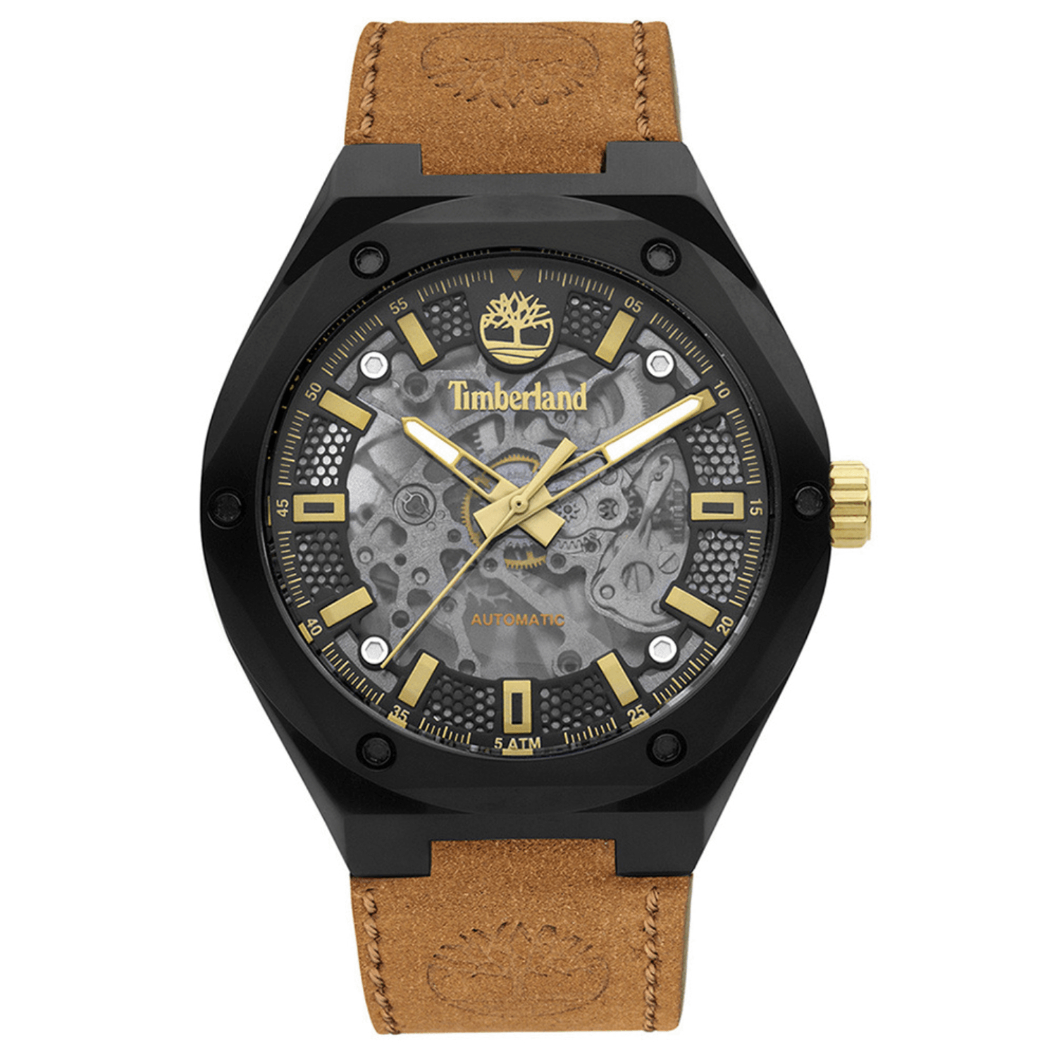 Αυτόματο ρολόι Timberland Alburgh TDWGE2101201 με ταμπά δερμάτινο λουράκι και μαύρο καντράν διαμέτρου 44mm.