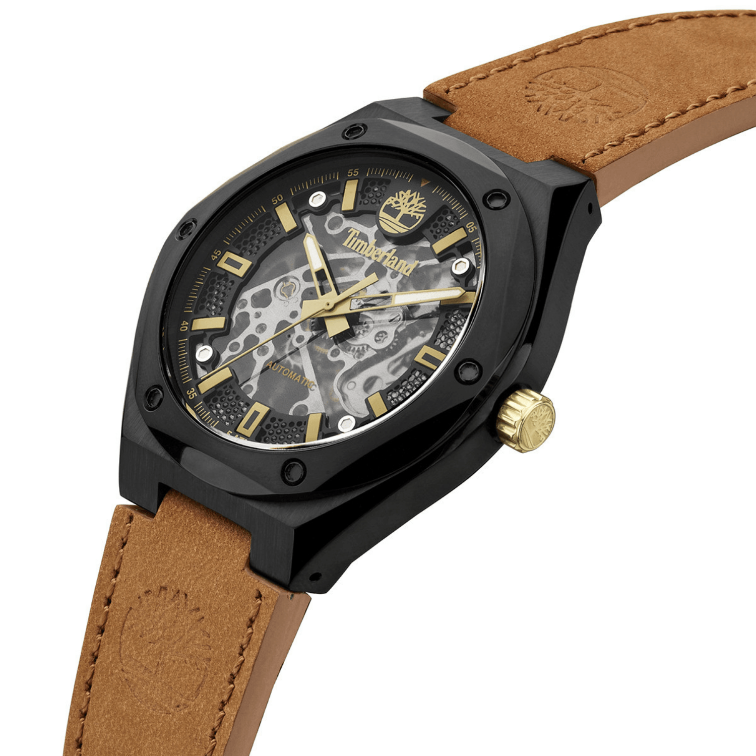 Αυτόματο ρολόι Timberland Alburgh TDWGE2101201 με ταμπά δερμάτινο λουράκι και μαύρο καντράν διαμέτρου 44mm.