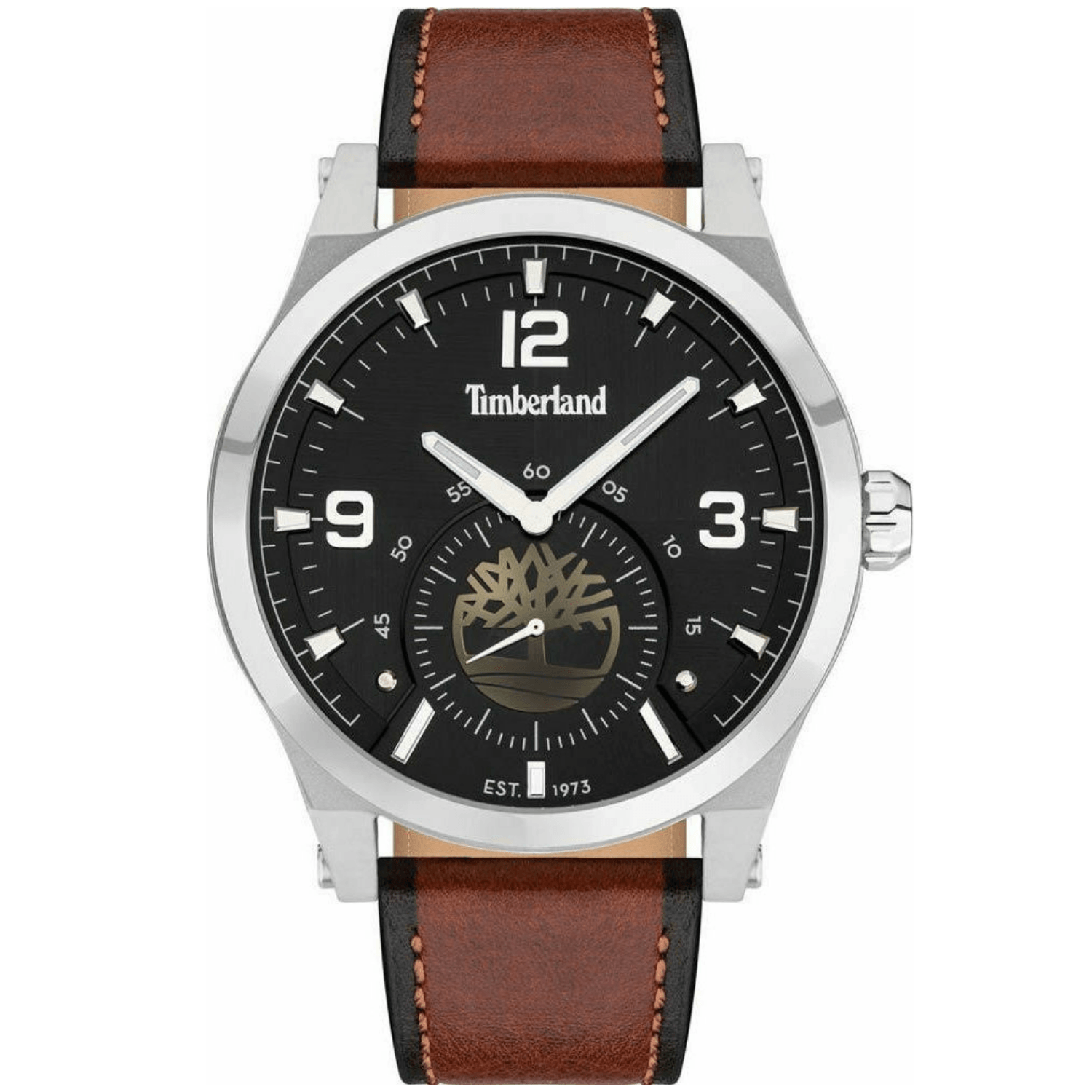 Αντρικό ρολόι Timberland Bradfort TDWJF2002002 με καφέ δερμάτινο λουράκι και μαύρο καντράν διαμέτρου 48mm.