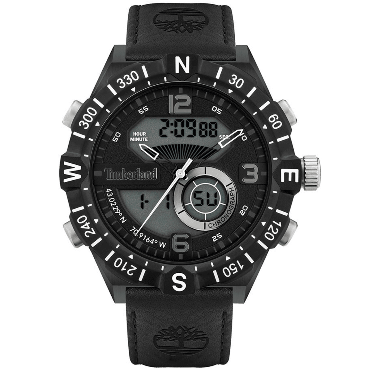 Αντρικό ρολόι Timberland Durham TDWGD2103201 AnaDigi με μαύρο δερμάτινο λουράκι και μαύρο καντράν διαμέτρου 48mm.