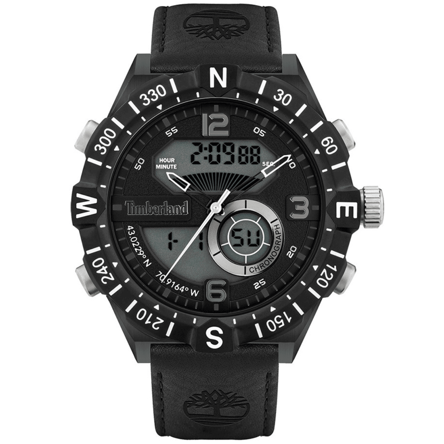 Αντρικό ρολόι Timberland Durham TDWGD2103201 AnaDigi με μαύρο δερμάτινο λουράκι και μαύρο καντράν διαμέτρου 48mm.