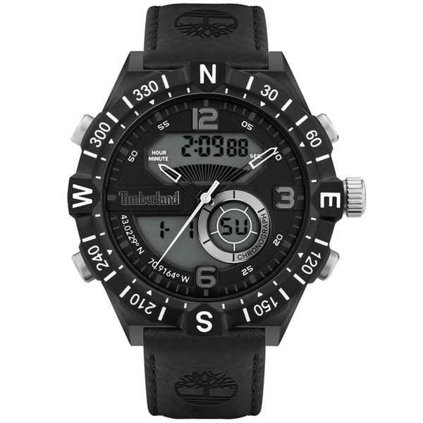 Αντρικό ρολόι Timberland Durham TDWGD2103201 AnaDigi με μαύρο δερμάτινο λουράκι και μαύρο καντράν διαμέτρου 48mm.