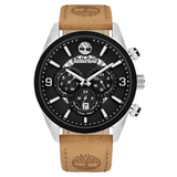 Ανδρικό ρολόι Timberland Ellswood TBL16014JSTB/02 με ταμπά δερμάτινο λουράκι και μαύρο καντράν διαμέτρου 46mm με ημερομηνία.