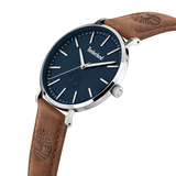 Αντρικό ρολόι Timberland Kinsley TDWGA2103702 με καφέ δερμάτινο λουράκι και μπλε καντράν διαμέτρου 42mm.