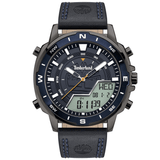 Αντρικό ρολόι Timberland Milwood TDWJD2004503 με μαύρο δερμάτινο λουράκι και μπλε καντράν διαμέτρου 49,5mm με ψηφιακή ένδειξη ώρας.