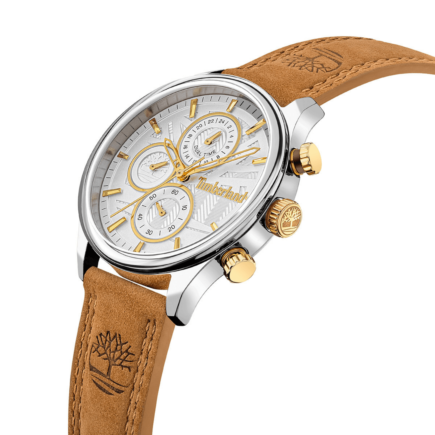 Αντρικό ρολόι Timberland Sheafe TDWLF2104003 με χρονογράφο, ταμπά δερμάτινο λουράκι και άσπρο καντράν διαμέτρου 40mm.