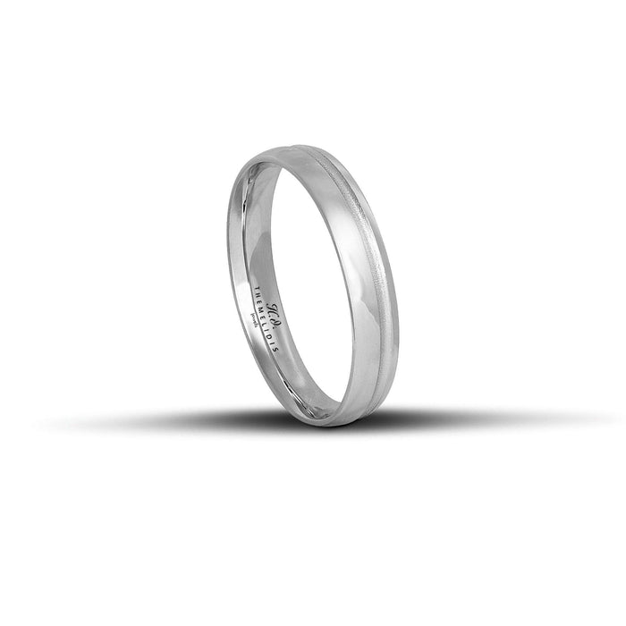 Λευκόχρυσες βέρες γάμου 4mm με λουστρέ φινίρισμα και ματ γραμμή, χειροποίητης κατασκευής και ανατομικού σχεδιασμού.