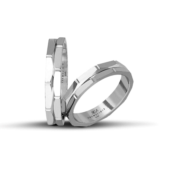 Πρωτότυπες βέρες γάμου λευκόχρυσες λουστρέ τετραγωνισμένες, πλάτους 4 mm