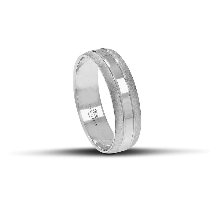 Μοντέρνες βέρες γάμου λευκόχρυσες 6 mm, ματ με λουστρέ γραμμή, λαμπερές και χειροποίητης κατασκευής, διαθέσιμες σε 9, 14, 18 ή 22 καράτια.