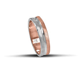 Μοντέρνες δίχρωμες βέρες γάμου λευκόχρυσες και ροζ χρυσές 5 mm, σαγρέ με λουστρέ γραμμή, χειροποίητης κατασκευής, διαθέσιμες σε 9, 14, 18 ή 22 καράτια.