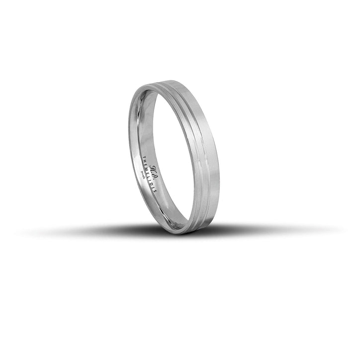 Λευκόχρυσες βέρες γάμου 4mm με σαγρέ επιφάνεια και λεπτές λουστρέ γραμμές, χειροποίητης κατασκευής με ανατομικό σχεδιασμό.