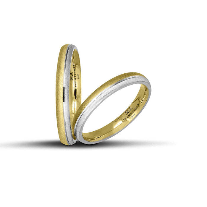 Δίχρωμες βέρες γάμου λευκόχρυσες και χρυσές 3 mm, σαγρέ με λουστρέ γραμμή, λεπτές και κομψές, διαθέσιμες σε 9, 14, 18 ή 22 καράτια.