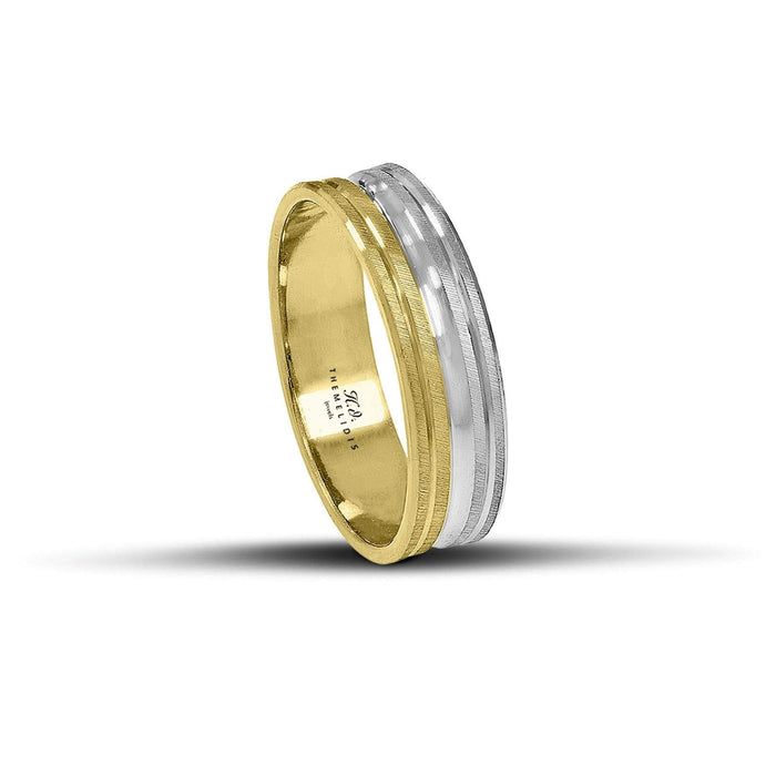 Δίχρωμες βέρες γάμου χρυσές και λευκόχρυσες 6 mm, σαγρέ με λουστρέ γραμμή στη μέση, λαμπερές και χειροποίητης κατασκευής, διαθέσιμες σε 9, 14, 18 ή 22 καράτια.