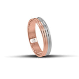 Ροζ χρυσές και λευκόχρυσες βέρες γάμου 5 mm, λουστρέ με ματ γραμμές, με δίχρωμο φινίρισμα και minimal σχεδιασμό, χειροποίητης κατασκευής, διαθέσιμες σε 9, 14, 18 ή 22 καράτια.