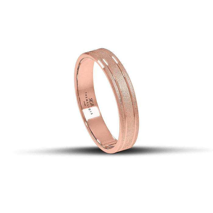 Ροζ χρυσές βέρες γάμου 5 mm, λουστρέ με ματ γραμμές, που αποπνέουν ρομαντισμό και minimal κομψότητα, χειροποίητης κατασκευής, διαθέσιμες σε 9, 14, 18 ή 22 καράτια.