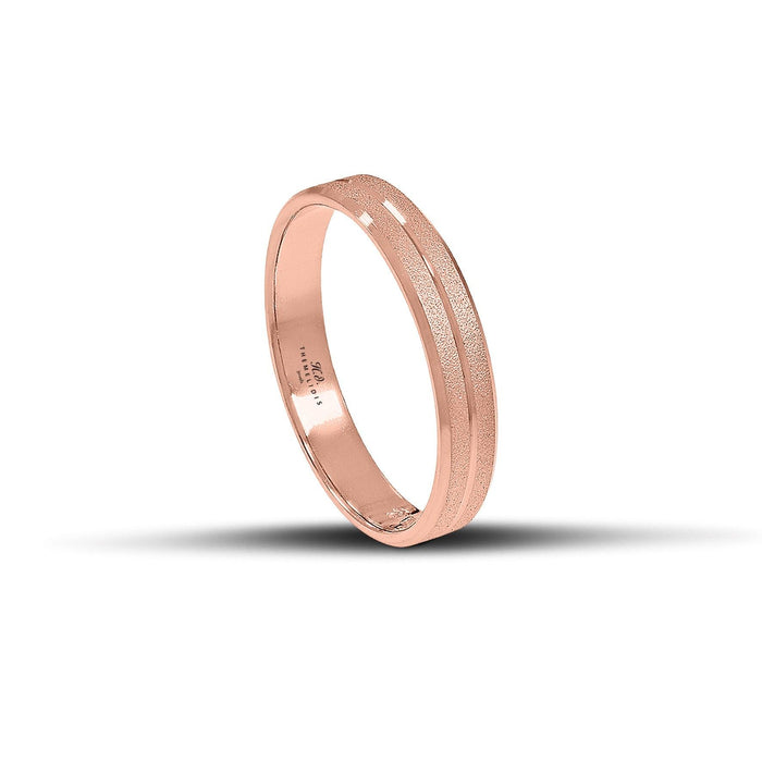Ροζ χρυσές βέρες γάμου 4 mm, ματ με λεπτή λουστρέ γραμμή στο κέντρο, ρομαντικές και χειροποίητες, διαθέσιμες σε 9, 14, 18 ή 22 καράτια.