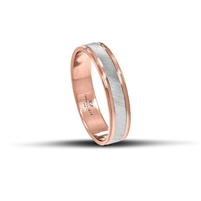 Δίχρωμες βέρες γάμου 5 mm από ροζ χρυσό και λευκόχρυσο, με σαγρέ και λουστρέ φινίρισμα, διαθέσιμες σε 9, 14, 18 ή 22 καράτια.