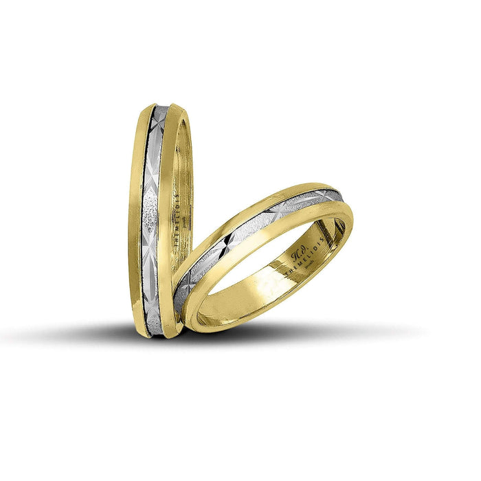 Δίχρωμες βέρες γάμου χρυσές και λευκόχρυσες 4.3 mm ματ με λουστρέ σχέδια, διαθέσιμες σε 9, 14, 18 ή 22 καράτια, χειροποίητης κατασκευής.