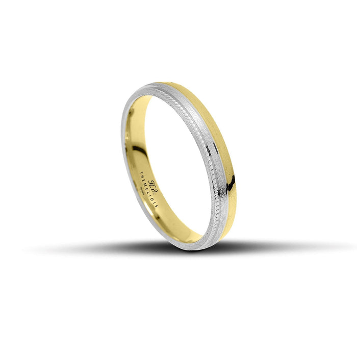 Πρωτότυπες δίχρωμες βέρες γάμου 3.5 mm, λευκόχρυσες και χρυσές ματ με σκαλιστές λεπτομέρειες, κομψές και χειροποίητες, διαθέσιμες σε 9, 14, 18 ή 22 καράτια.