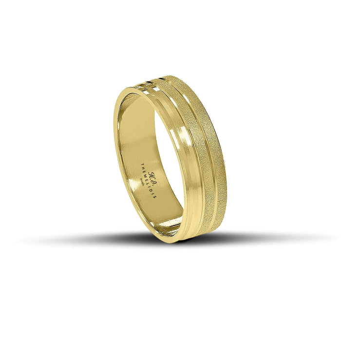 Χρυσές βέρες γάμου 6,5 mm, ματ με λουστρέ λεπτομέρειες, χειροποίητης κατασκευής, διαθέσιμες σε 9, 14, 18 ή 22 καράτια.
