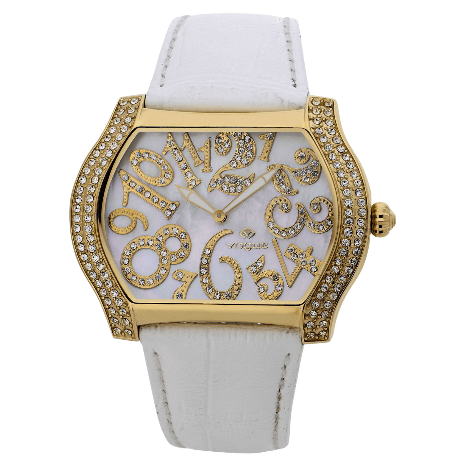 Προσφορά ρολόι Vogue Vintage με άσπρο δερμάτινο λουράκι και άσπρο τετράγωνο καντράν με ζιργκόν.